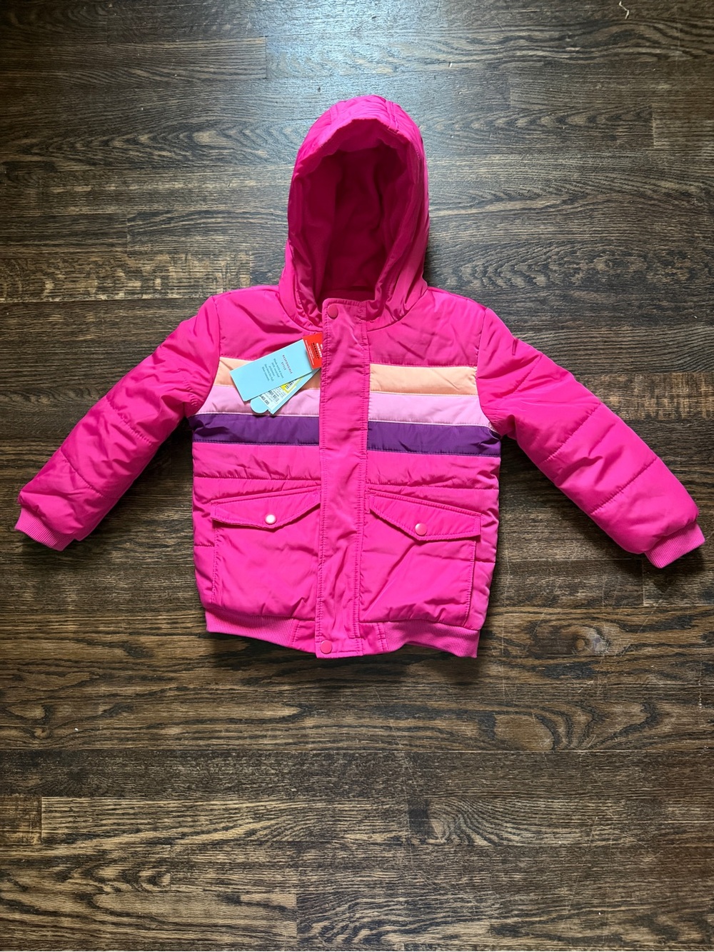 Cat & Jack Toddler Girls Hot Pink Puffer Jacket with Color-Block Stripes - 5T